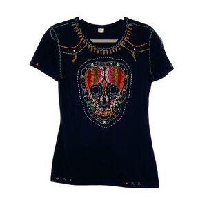Sassy Sistas Women's Black Embroidered Skull Tassel Short Sleeve Shirt sz Small